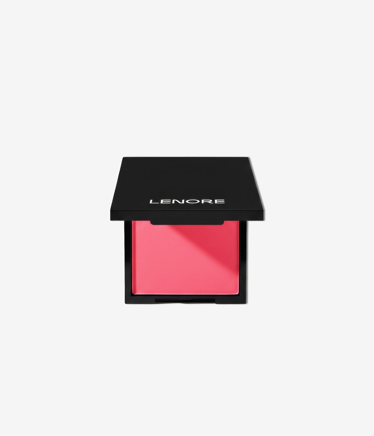 Pink makeup compact with black lid on a light gray background