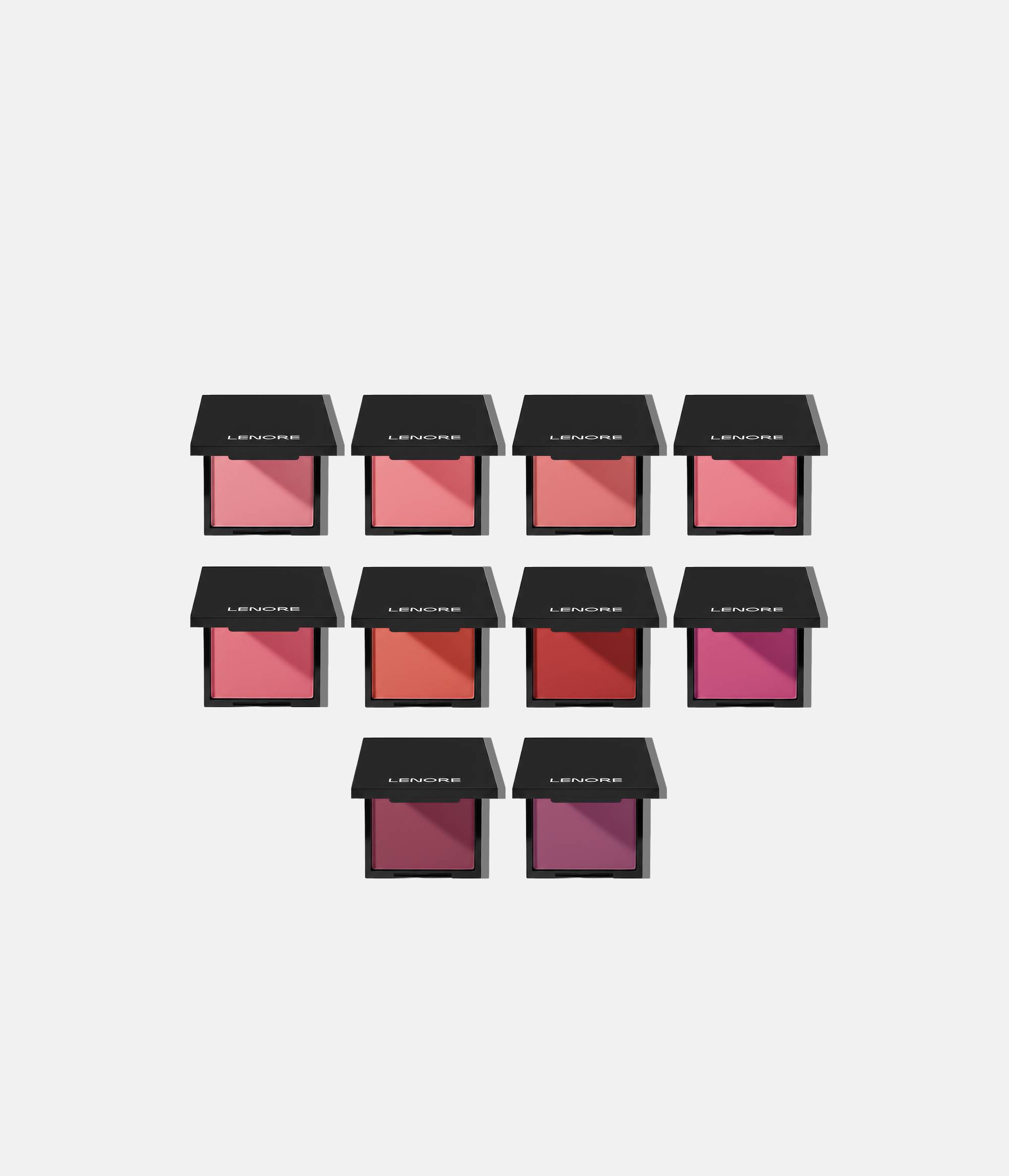 Collection of Lenore powder blushes in various shades on a light background